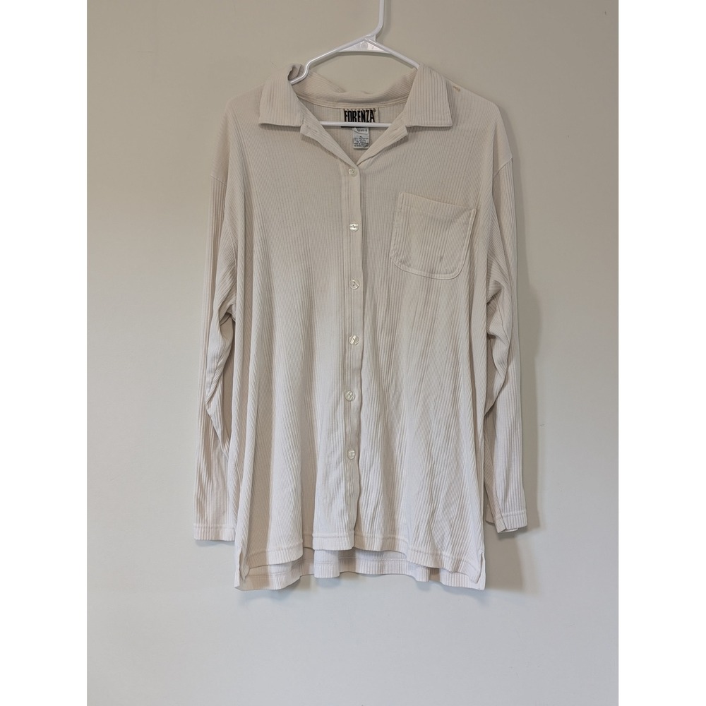 Vintage Forenza Cream Ribbed Knit Button Down Shirt XL Long Sleeve 90s Oversized